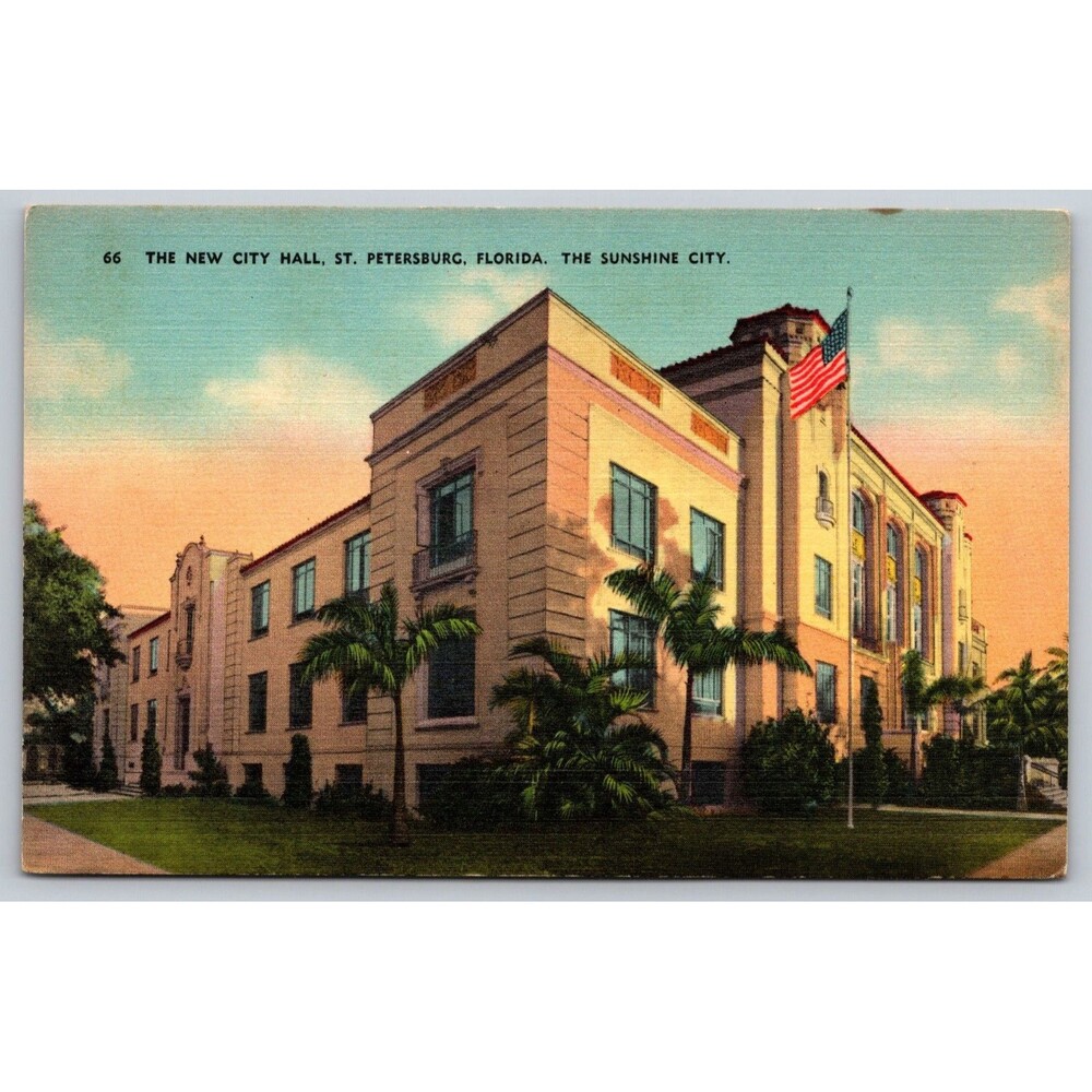 Vintage Linen Postcard St Petersburg Florida New City Hall Sunshine City Hartman